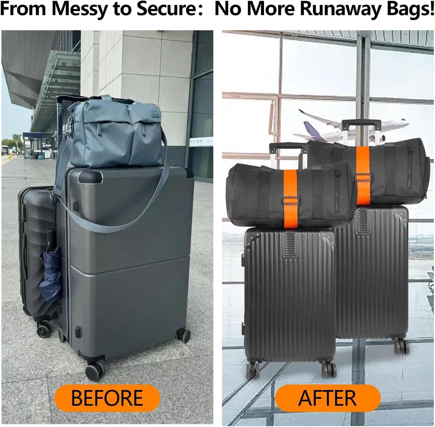 BILIONE Add a Bag Luggage Straps 2 Pack, Adjustable Bungee Elastic Belt to Connect Two Suitcases, Secure Carry On & Travel Essentials
