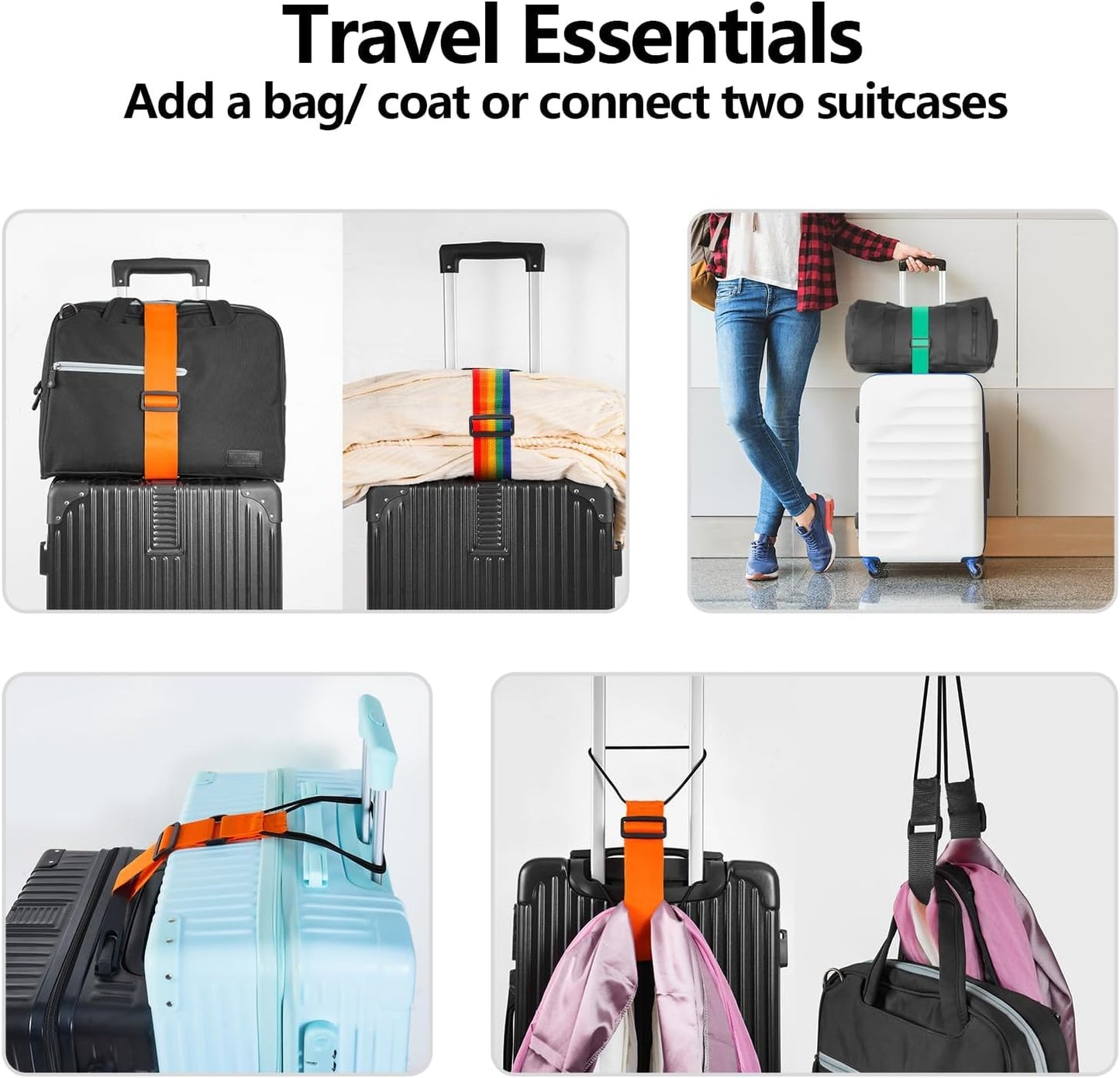 BILIONE Add a Bag Luggage Straps 2 Pack, Adjustable Bungee Elastic Belt to Connect Two Suitcases, Secure Carry On & Travel Essentials