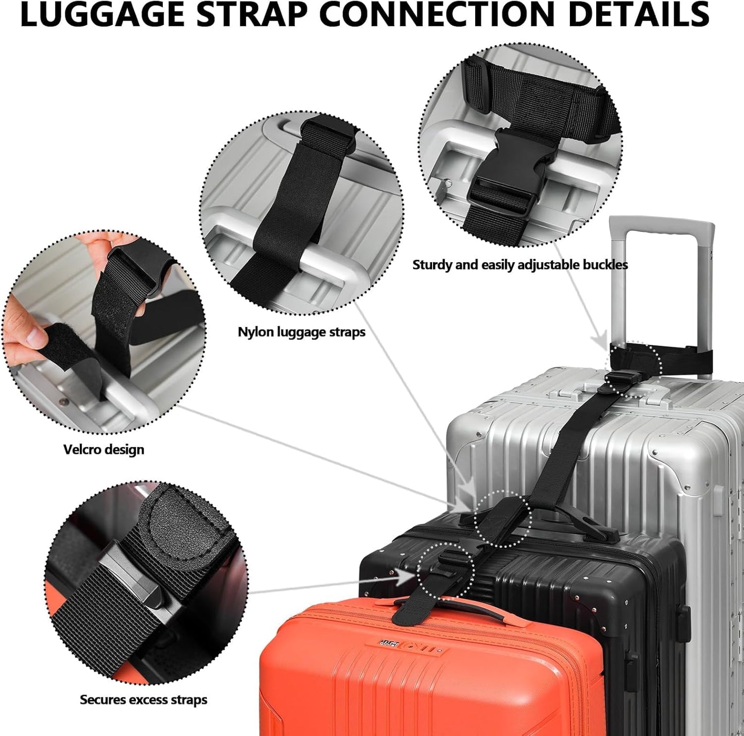 BILIONE Luggage Connector Straps, Suitcase Straps to Connect 3 Suitcases ＆ Add A Bag, Luggage Straps for Suitcases Adjustable Buckle Belt